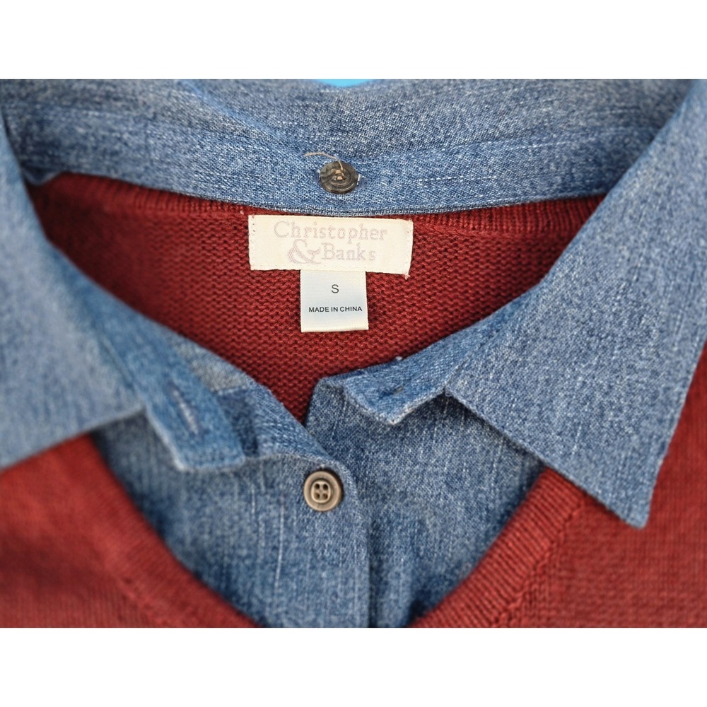 Vtg Christopher Banks Sweater Sz S Rust Red W/Button Detachable Denim Collar Y2K - Picture 3 of 7
